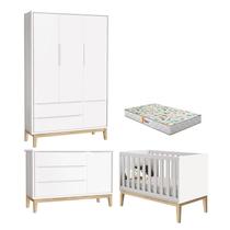Quarto de Bebê 3 Portas New Classic Branco com Pés Madeira Natural e Colchão Gazin Reller