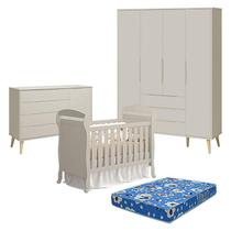 Quarto de Bebê 4 Portas com Cômoda com Porta Elfe Retrô e Berço Americano Danny Areia Acetinado Natural com Colchão Ortobom - Reller Quarto de Bebê 4 Portas com Cômoda com Porta Elfe Retrô e Berço Americano Danny Areia Acetinado Natural com Colchão Ortobom - Reller