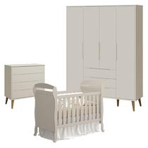 Quarto de Bebê 4 Portas com Cômoda Gaveteiro Elfe Retrô e Berço Americano Danny Areia Acetinado Amadeirado - Reller