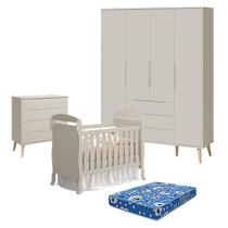 Quarto de Bebê 4 Portas com Cômoda Gaveteiro Elfe Retrô e Berço Americano Danny Areia Acetinado Natural com Colchão Ortobom - Reller Quarto de Bebê 4 Portas com Cômoda Gaveteiro Elfe Retrô e Berço Americano Danny Areia Acetinado Natural com Colchão Ortobom - Reller