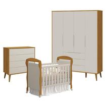 Quarto de Bebê 4 Portas com Cômoda Gaveteiro Elfe Retrô e Berço Americano Danny Areia Savana Acetinado Amadeirado - Reller