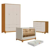 Quarto de Bebê 4 Portas com Cômoda Sapateira Lótus Liso Areia Savana e Berço Americano Lótus Liso Areia Savana com Colchão Gazin - Reller