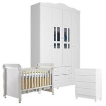 Quarto de Bebê 4 Portas com Gaveteiro Ariel e Berço Mirelle Branco Brilho - Carolina
