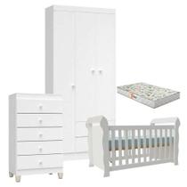 Quarto De Bebê 4 Portas Com Gaveteiro Ternura Baby E Berço Lara Branco Brilho Com Colchão Gazin - Incorplac