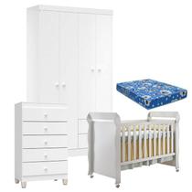 Quarto de Bebê 4 Portas com Gaveteiro Ternura Baby e Berço Mirelle Branco Brilho com Colchão para Berço Americano - Incorplac Quarto de Bebê 4 Portas com Gaveteiro Ternura Baby e Berço Mirelle Branco Brilho com Colchão para Berço Americano - Incorplac
