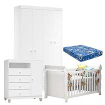 Quarto de Bebê 4 Portas Ternura Baby com Berço Lara Branco Brilho com Colchão - Incorplac