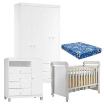 Quarto de Bebê 4 Portas Ternura Baby com Berço Mirelle Branco Brilho com Colchão para Berço Americano - Incorplac