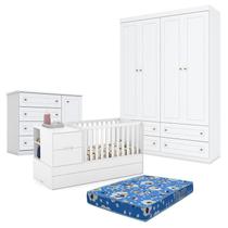Quarto de Bebê Americano 4 Portas com Berço Americano Multifuncional Formare Branco Acetinado Matic - Henn e Colchão Ortobom