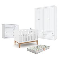 Quarto de Bebê Americano 4 Portas com Berço Americano Unique Branco Soft Eco Wood - Matic - Henn e Colchão Gazin