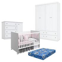 Quarto de Bebê Americano 4 Portas com Berço Nacional Mel Branco Acetinado Reller - Henn e Colchão Ortobom.
