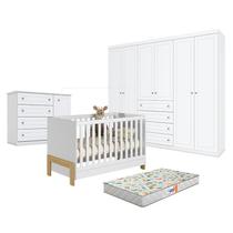 Quarto de Bebê Americano 6 Portas com Berço Americano Mini Cama Fantasia Branco Acetinado Qmovi - Henn e Colchão Gazin