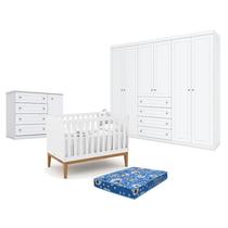 Quarto de Bebê Americano 6 Portas com Berço Americano Unique Branco Soft Eco Wood - Matic - Henn e Colchão TendTudo