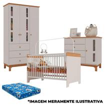 Quarto de Bebê Antonella 3 Portas e Berço Pega Pega Off White Caramelo com Colchão - Canaã