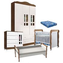 Quarto de Bebê Ariel 3 Portas Berço Mirelle com Colchão e Cama Babá Julia Branco Acetinado Amadeirado Carolina