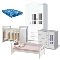 Quarto de Bebê Ariel 3 Portas Berço Mirelle com Colchão e Cama Babá Julia Branco Brilho Carolina