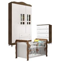 Quarto de Bebê Ariel 3 Portas com Gaveteiro e Berço Lara Branco Acetinado Amadeirado Carolina
