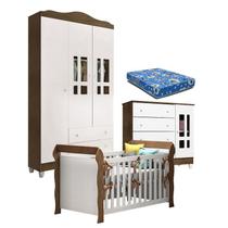 Quarto de Bebê Ariel 3P Berço Lara Branco Acetinado Amadeirado com Colchão Carolina