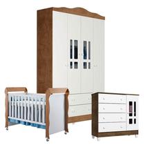 Quarto de Bebê Ariel 4 Portas com Berço Mirelle Branco Acetinado Amadeirado Carolina