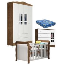 Quarto de Bebê Ariel 4P Berço Lara Branco Acetinado Amadeirado com Colchão Carolina