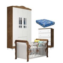 Quarto de Bebê Ariel 4P Gaveteiro e Berço Lara Branco Acetinado Amadeirado com Colchão Carolina