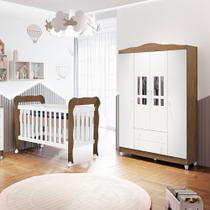 Quarto de Bebê Ariel Berço 3 em 1 Lila Guarda Roupa 4 Portas Infantil Branco com Amadeirado Carolina Baby