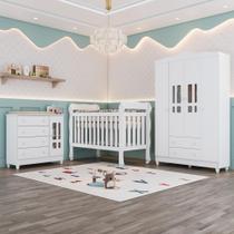 Quarto de Bebê Ariel Berço 3x1 Lila Guarda Roupa 4 Portas Cômoda com Porta Branco Carolina Baby