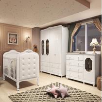 Quarto de Bebê Berço 3 em 1 com Capitonê, Cômoda e Guarda Roupa MDF Maya Provençal Yescasa Branco Quarto de Bebê Berço 3 em 1 com Capitonê, Cômoda e Guarda Roupa MDF Maya Provençal Yescasa Branco