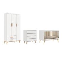 Quarto de Bebê Berço 3 em 1 Cômoda Gaveteiro Guarda Roupa Retrô 3 Portas com Gavetas Branco com Bétula Carolina Baby
