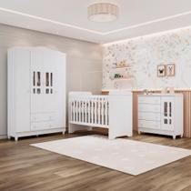 Quarto de Bebê Berço 3 em 1 Gabrielle Guarda Roupa 4 Portas Cômoda com Porta Fraldario Infantil Branco Carolina Baby