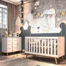 Quarto de Bebê Berço 3 em 1 Retro Cômoda 4 Gavetas com Fraldário Infantil Lígia Branco Carolina Baby