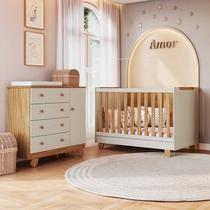 Quarto de Bebê Berço 4 em 1 e Cômoda 4 Gavetas 1 Porta 100% MDF Levy Yescasa Bege/Amêndoa/Off White