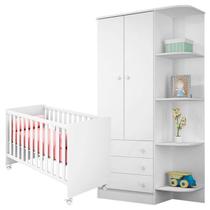 Quarto de Bebê Berço Americano Mini Cama e Guarda Roupa Infantil 2 Portas com Cantoneira Doce Sonho Branco Brilho -Qmovi