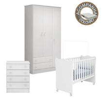 Quarto de Bebê Berço c/Rod Colchão Light Guarda Roupa Cômoda Doce Sonho Branco Qmovi Ortobom
