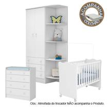 Quarto de Bebê Berço c/Rod Colchão Light Guarda Roupa Cômoda Doce Sonho Branco Qmovi Ortobom