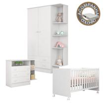 Quarto de Bebê Berço c/Rod Colchão Light Guarda Roupa Cômoda Doce Sonho Branco Qmovi Ortobom