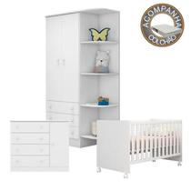 Quarto de Bebê Berço c/Rod Colchão Light Guarda Roupa Cômoda Doce Sonho Branco Qmovi Ortobom
