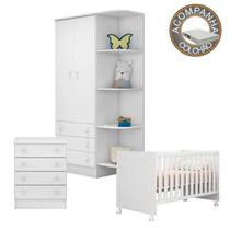 Quarto de Bebê Berço c/Rod Colchão Light Guarda Roupa Cômoda Doce Sonho Branco Qmovi Ortobom