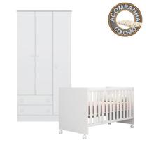 Quarto de Bebê Berço c/Rod Colchão Nana e Guarda Roupa Doce Sonho Branco Qmovi Umaflex