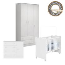 Quarto de Bebê Berço c/Rod Colchão Nana Guarda Roupa Cômoda Doce Sonho Branco Qmovi Umaflex