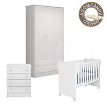 Quarto de Bebê Berço c/Rod Colchão Nana Guarda Roupa Cômoda Doce Sonho Branco Qmovi Umaflex