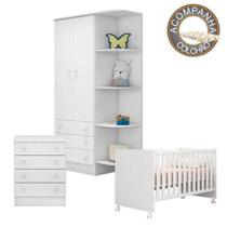 Quarto de Bebê Berço c/Rod Colchão Nana Guarda Roupa Cômoda Doce Sonho Branco Qmovi Umaflex