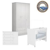 Quarto de Bebê Berço c/Rod Colchão Physical Guarda Roupa Cômoda Doce Sonho Branco Qmovi Ortobom