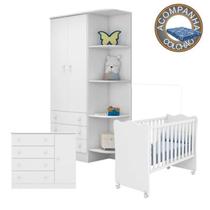 Quarto de Bebê Berço c/Rod Colchão Physical Guarda Roupa Cômoda Doce Sonho Branco Qmovi Ortobom