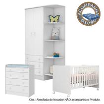 Quarto de Bebê Berço c/Rod Colchão Physical Guarda Roupa Cômoda Doce Sonho Branco Qmovi Ortobom