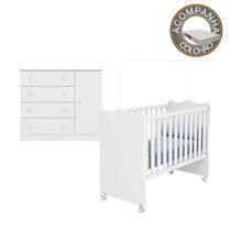 Quarto de Bebê Berço c/ Rodízios Colchão Light e Cômoda Doce Sonho Branco Qmovi Ortobom