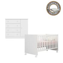 Quarto de Bebê Berço c/ Rodízios Colchão Light e Cômoda Doce Sonho Branco Qmovi Ortobom