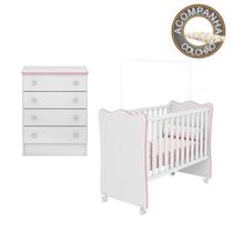 Quarto de Bebê Berço c/ Rodízios Colchão Nana Nenem e Cômoda Doce Sonho Branco Rosa Qmovi Umaflex