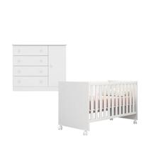 Quarto de Bebê Berço c/ Rodízios e Cômoda Doce Sonho Branco Qmovi