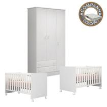 Quarto de Bebê Berço Gemeos c/Rod Colchão Light e Guarda Roupa Doce Sonho Branco Qmovi Ortobom