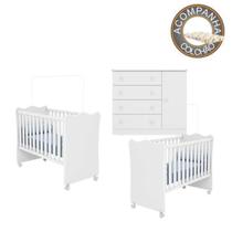 Quarto de Bebê Berço Gemeos c/ Rodízios Colchão Nana Nenem e Cômoda Doce Sonho Branco Qmovi Umaflex